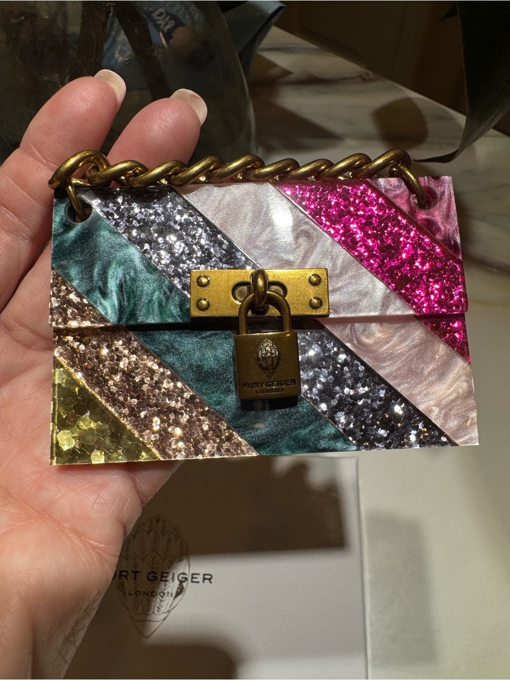 Kurt Geiger Multicolor Glitter Card purse charm/key chain. NWT